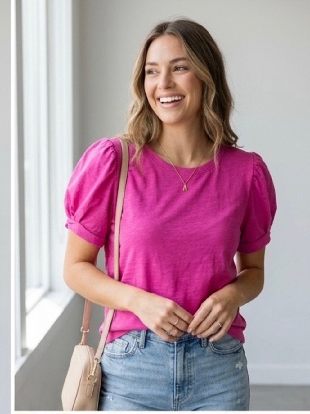 Magenta Puff Sleeve Crewneck Top